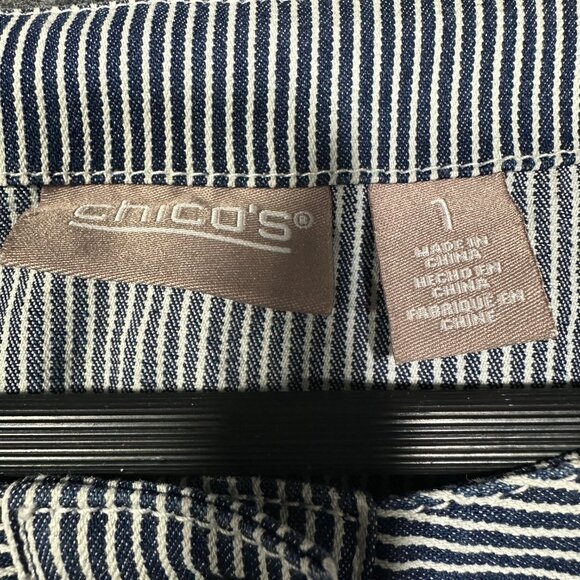 Chicos Top Womens Medium Blue Pinstripe Button Up Shacket Button Cuffs Pockets - Picture 5 of 8